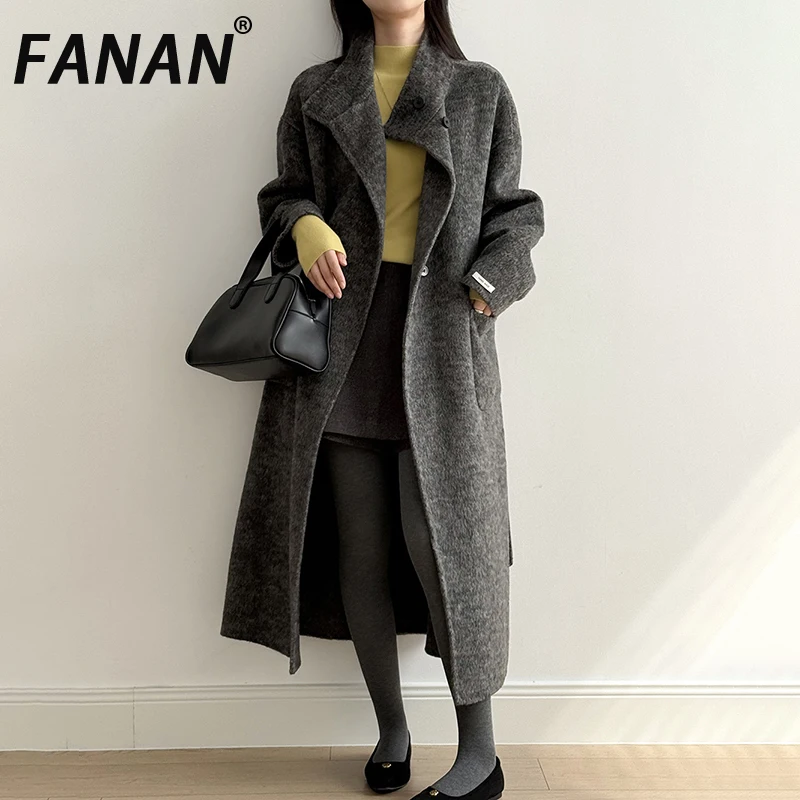 

FANAN толстые теплые пальто из 100% шерсти с воротником-стойкой для женщин, длинная верхняя одежда с поясом и присборенной талией, офисная женская одежда, новинка 2025 года, зима