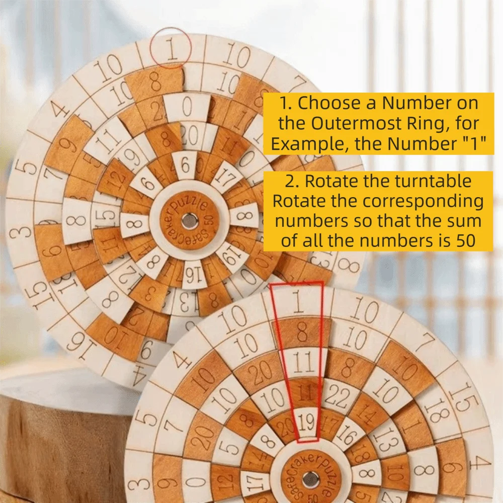 Round Turntable Number Puzzle Difficult Math Game Wooden Digital Wooden Puzzle Creative Design Classic Number Brain Teaser Toy