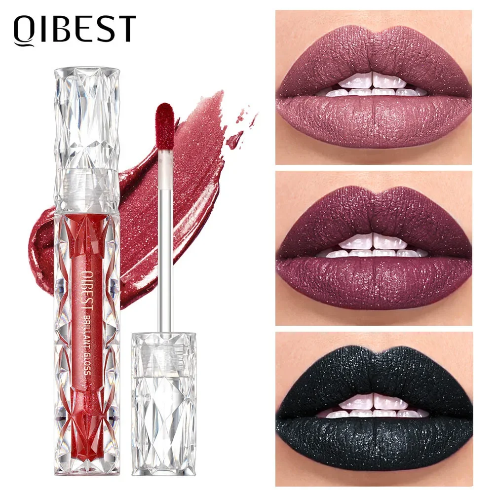 QIBEST Diamond Liquid Lipstick Moisturizing Lasting Purple Sparkling Waterproof Lip Gloss Matte Glitter Lipstick Korean Makeup