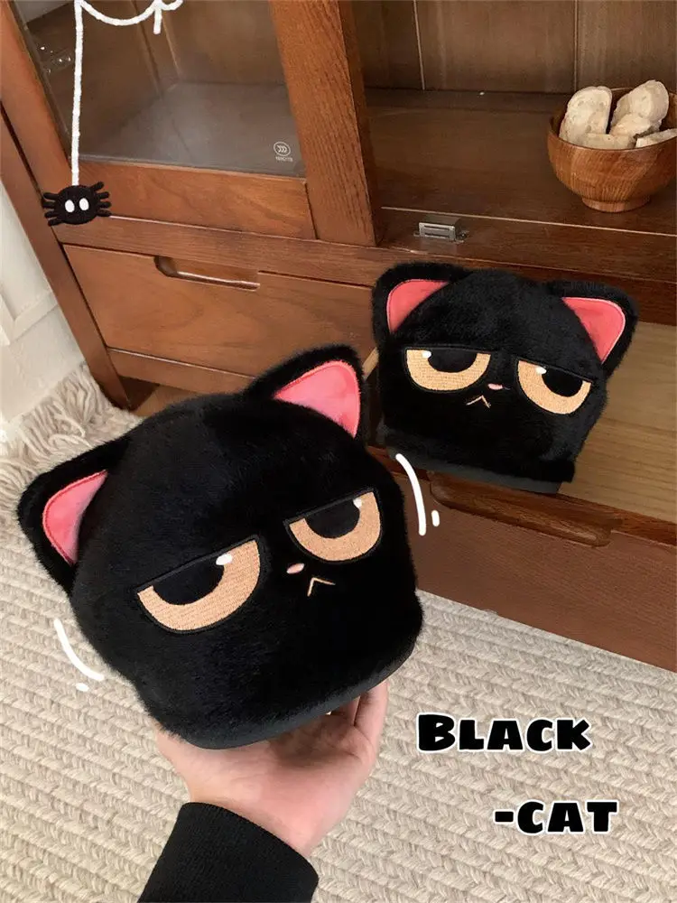 Women men indoor home slides shoes ladies fun fuzzy kitten slipper cat lovers indoor shoes Winter black unhappy kitty slippers view 3