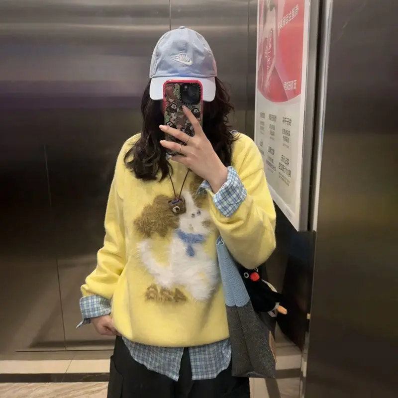 

2025 Autumn and Winter Plush Puppy Jacquard Crew Neck Sweater