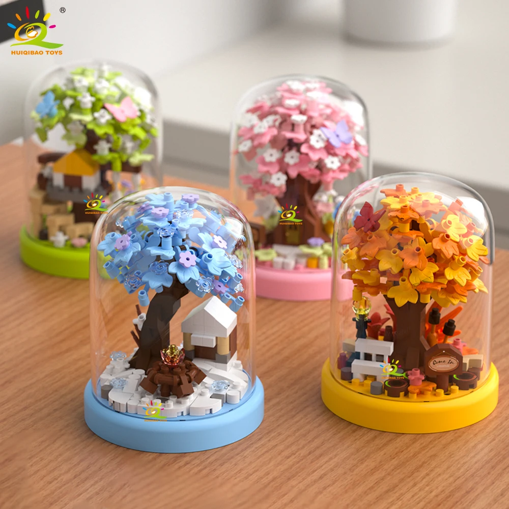 Four season Mini Tree House with Display Box Model Micro Building Block Diamond Brick Toy for Children Desk Decor.