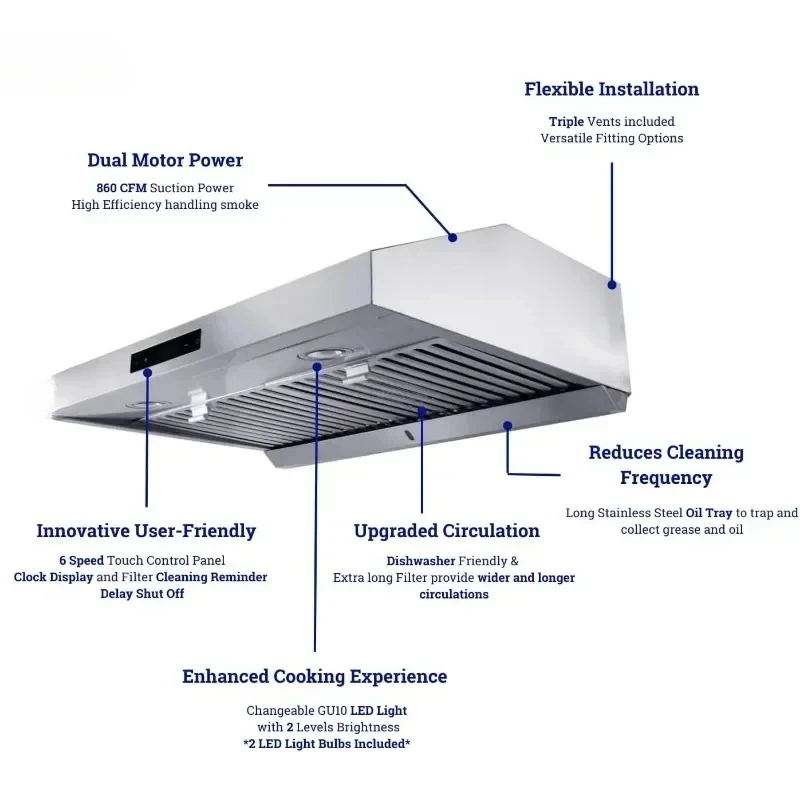 Campana extractora de acero inoxidable, campana extractora con Motor Dual, apagado automático de retardo, diseño contemporáneo, rendimiento profesional, 30 ", 860CFM