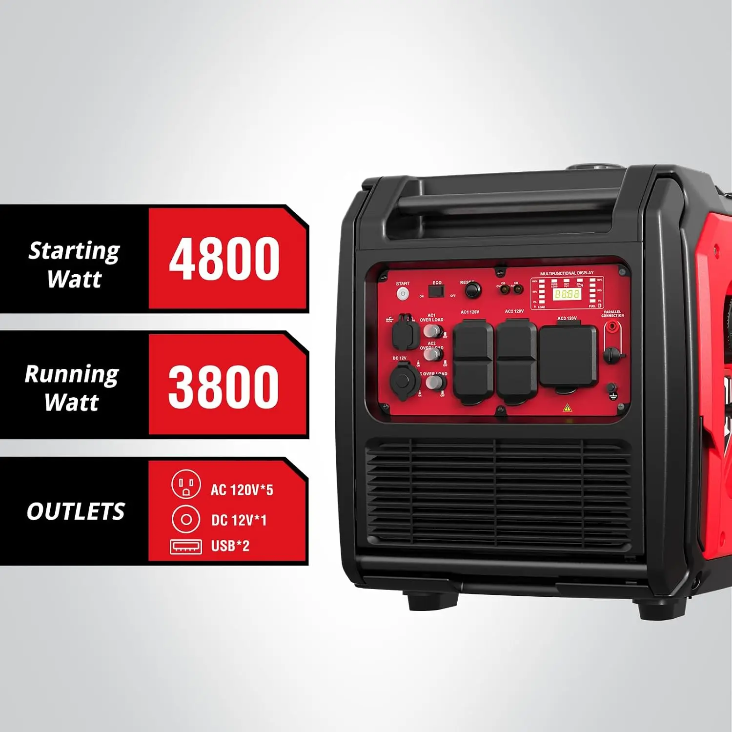 4800W Portable Inverter Generator, Gas Powered Quiet with Electric Start & CO Alarm, 223cc Engine Eco-Mode Small, Customized