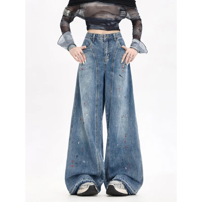 กางเกงยีนส์ขากว้างทรงตรงเอวสูงสไตล์ลำลองสำหรับผู้หญิง รุ่นใหม่ล่าสุด ล้างสีแบบพ่นสี  สำหรับฤดูใบไม้ผลิและฤดูใบไม้ร่วง