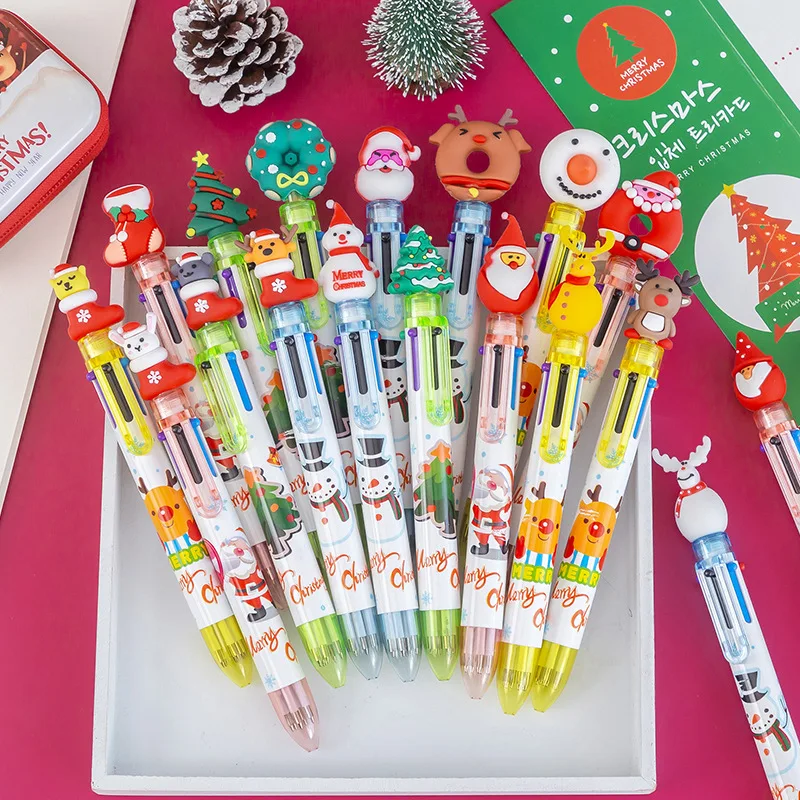 

12Pcs Kawaii Christmas 6 Color Retractable Ballpoint Pen Cartoon Santa Claus Elk Multicolor Pens Office School Stationery Gifts