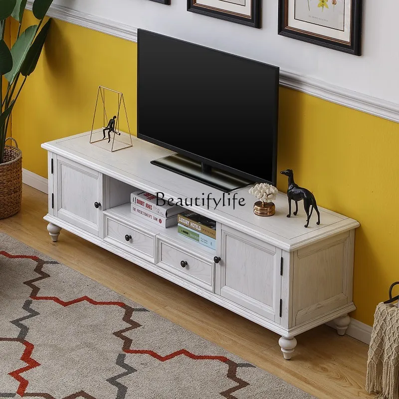 

American country TV cabinet solid wood living room ivory white old audition cabinet ash wood pastoral style