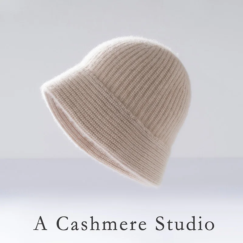 New Knitted 100% Cashmere Fisherman's Hat Women's Autumn and Winter Bucket Hat Fashionable Warm Pot Hat Versatile Korean Version