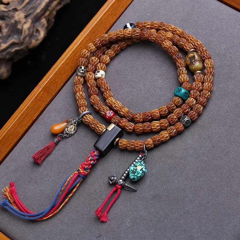 Hand-Held 108-Bead Buddhist Prayer Beads Made Of Yak Bone And Sandalwood With Copper Fittings