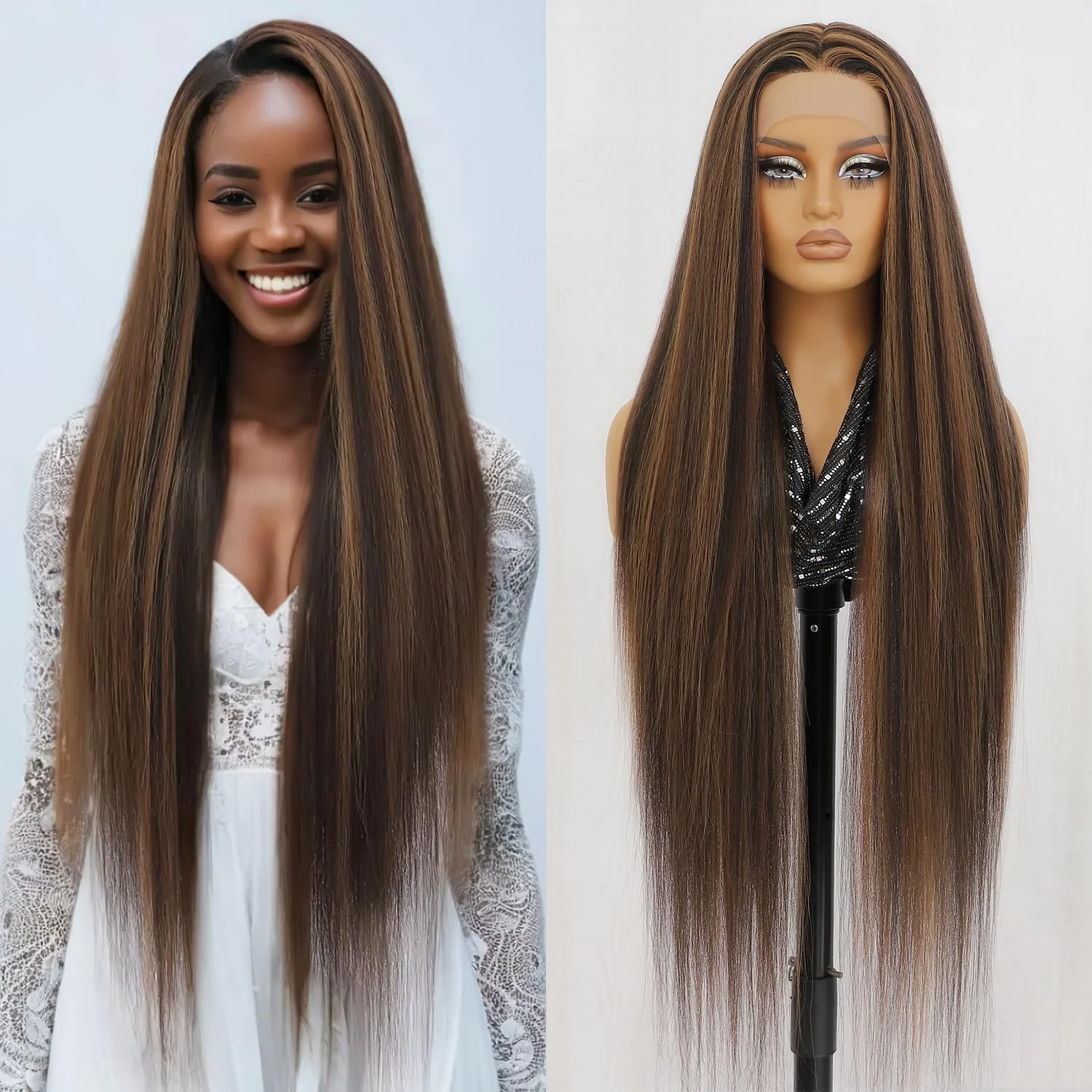 High gloss T-shaped lace wig synthetic 28 inch straight 13x6x1 T lace front wig heat-resistant fiber lace free wig