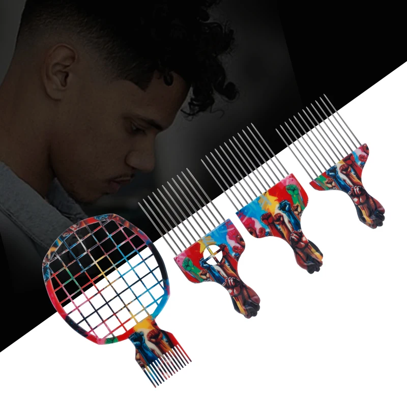 1/2PCS Black Men Curly Hair Mesh Comb Stainless Steel Pin Pick Afro Hair Comb Salon Net Comb Hairdressing Styling Tools Comb Set
