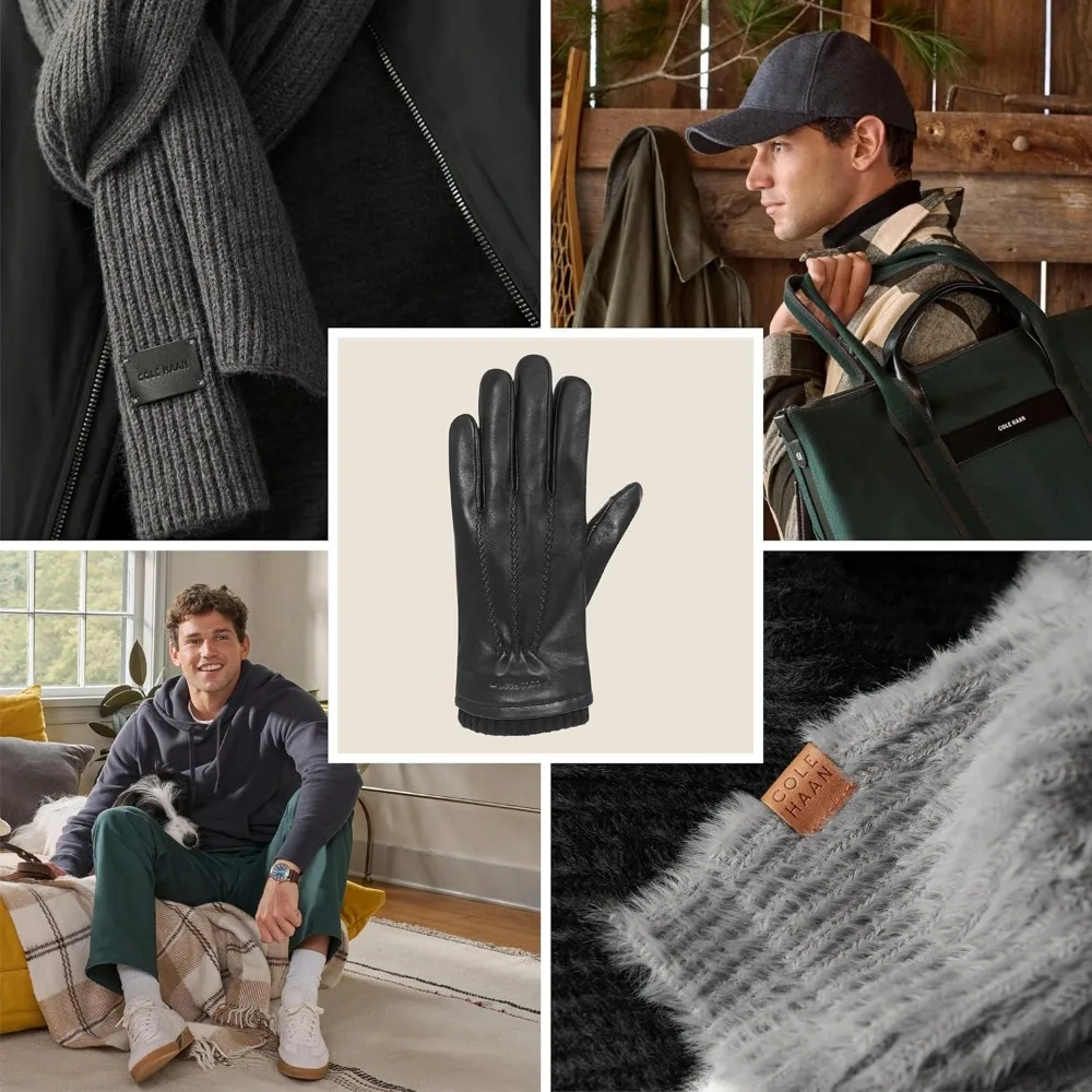 قفازات جلدية عالية الجودة للرجال مع شاشة تعمل باللمس متوافقة مع الإبهام وإصبع السبابة للاستخدام المحسن للهواتف الذكية