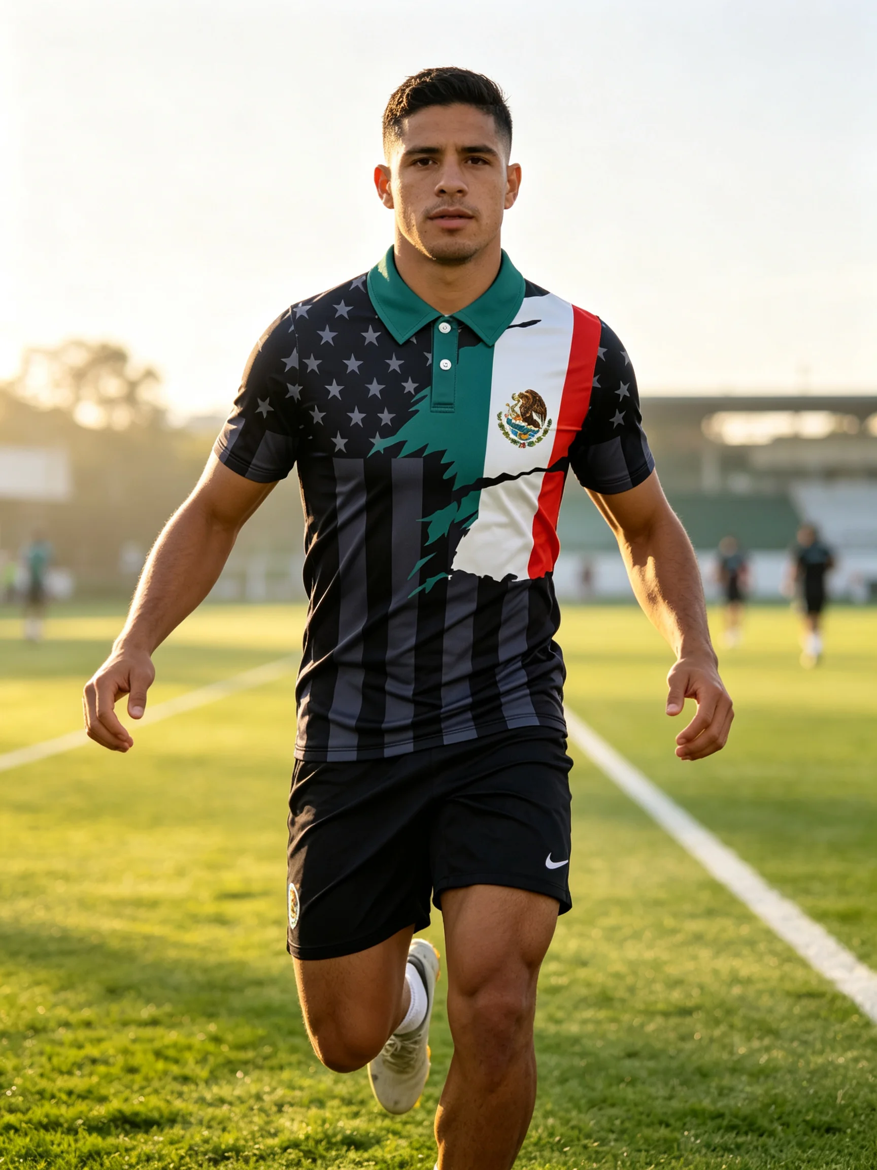 Dark striped Mexico football jersey with eagle emblem, lightweight flexible material for unrestricted sports movement