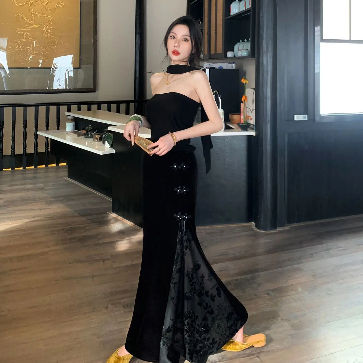 Jupes de Style chinois noir doux Vintage jupe femmes longues jupes droites en queue de poisson pour femmes taille haute haute rue automne TS533