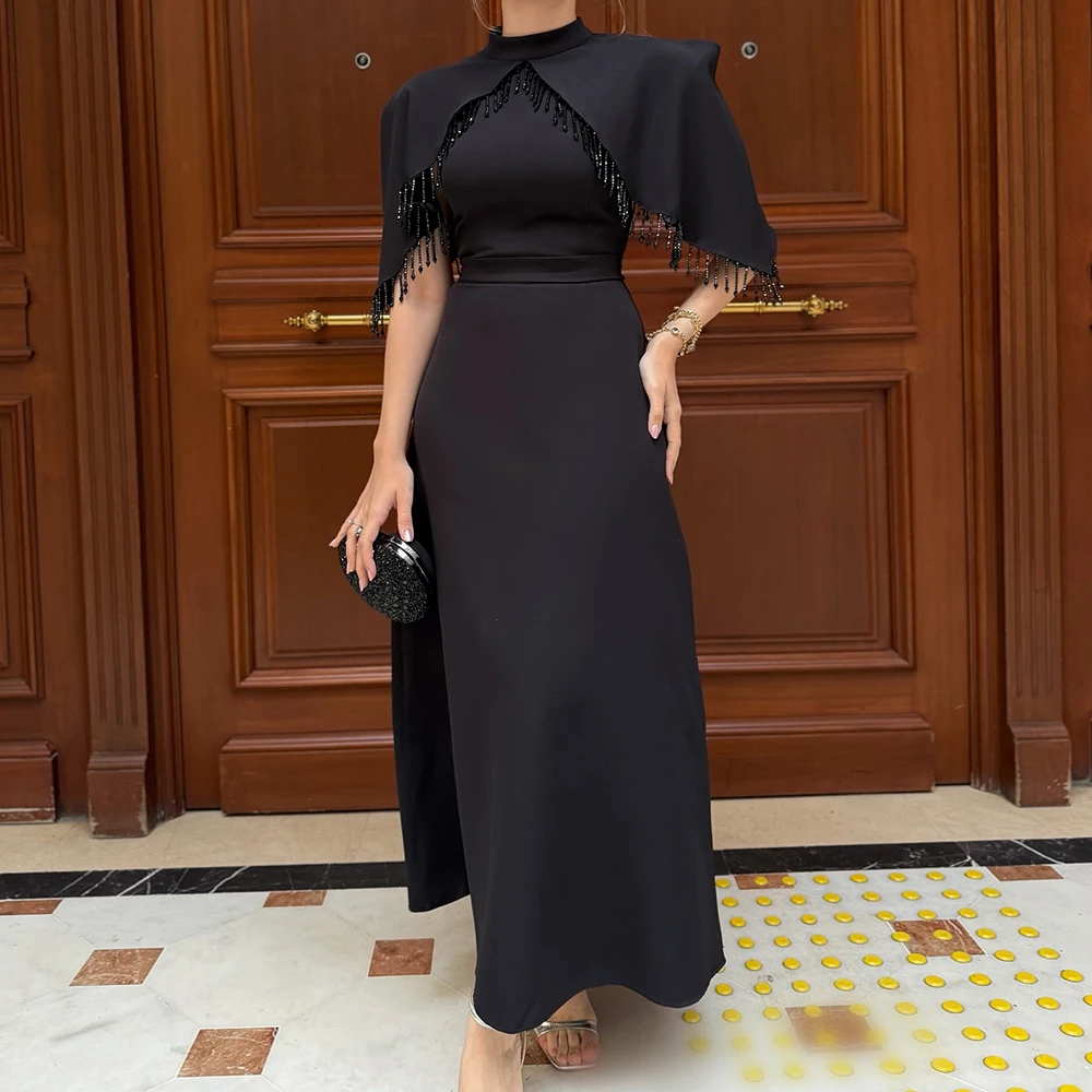 

Customized A-line Evening Dresses Tea-length High-neck Sleeveless Prom Gown Fashion Crystal Stole Simple Draped Party Gown