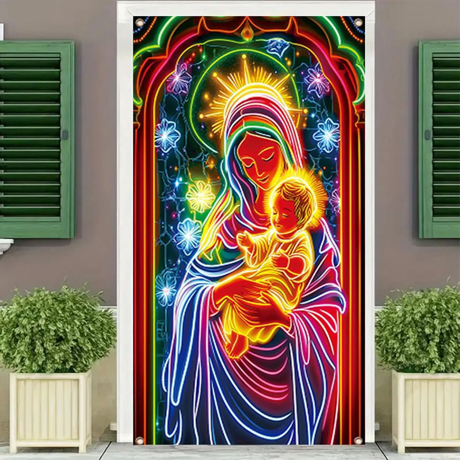 Christmas Front Door Decoration Cover Large Fluorescent Religious Fabric Backdrop Hanger Backdrop Christmas Decoration For
