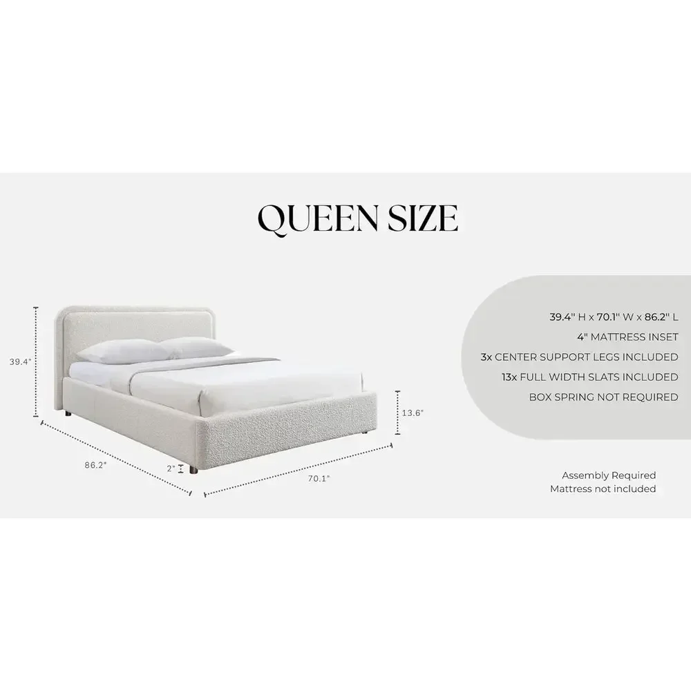 Queen Size White Boucle Upholstered Platform Bed - No Box Spring Needed
