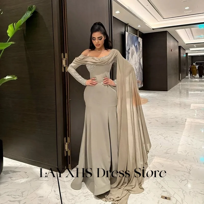 Eleganckie sukienki wieczorowe LAYXHS na jedno ramię, długi rękaw, syreni krój, koraliki, szal, plisy, formalne sukienki na studniówkę, szyte na miarę فستان سهرة ن