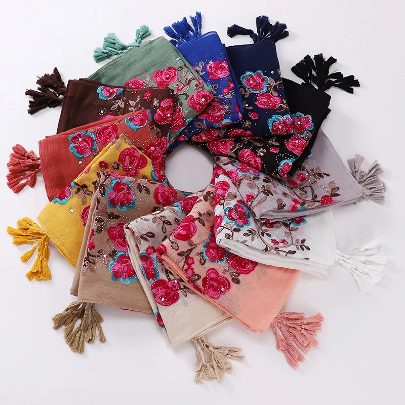 Embroidery Cotton Linen Hajib Scarf Floral Printed Hijabs High Quality Shawls Soft Fringed Scarf Shawls Islamic Ladies Headwear