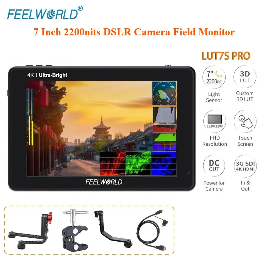 Feelworld جديد LUT7S PRO 7 بوصة 2200nits DSLR كاميرا مراقبة ميدانية فائقة السطوع ثلاثية الأبعاد LUT شاشة تعمل باللمس 4K HDMI 3G-SDI مدخلات الإخراج