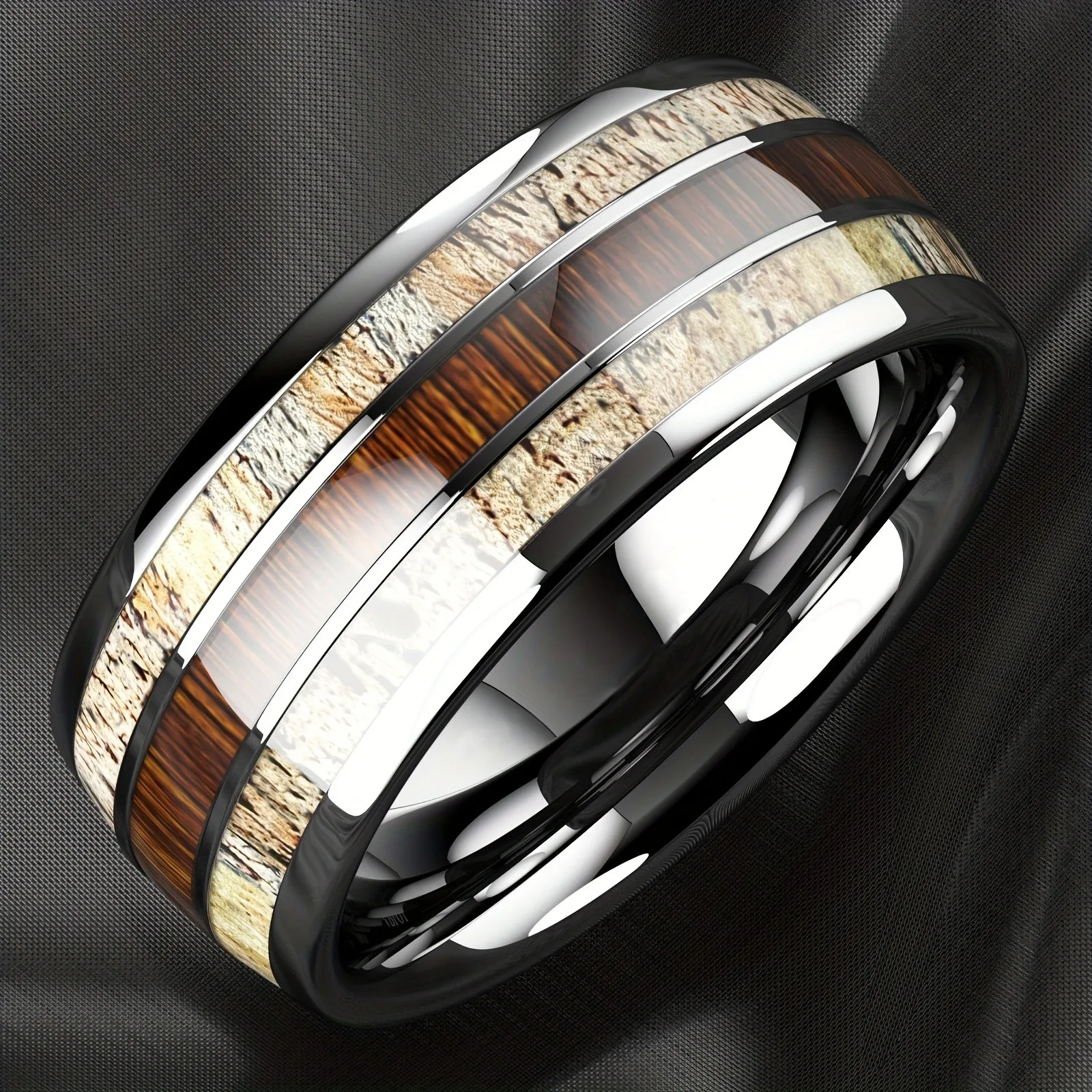 Fashion Silver Color Men\'s Stainless Steel Rings Koa Wood Deer Antler Inlay Dome Engagement Rings For Men Women Wedding Jewelry