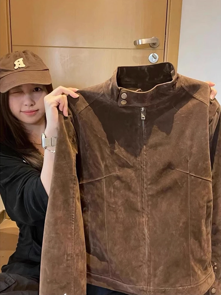 الرجعية الأمريكية براون الجلد المدبوغ عمال Jaet الرجال ort Sle دراجة نارية Jaet الوقوف طوق الخريف Faion الشباب #1