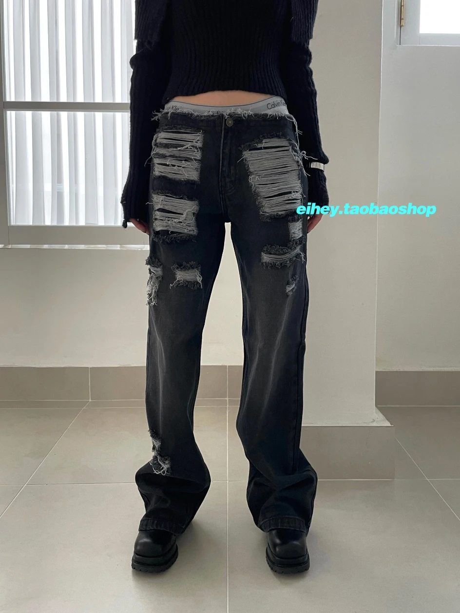 

Women Ripped Holes Vintage Long Jeans Korean Design Hollow Out Loose Straight Long Denim Trousers Punk Rock Grunge Capris
