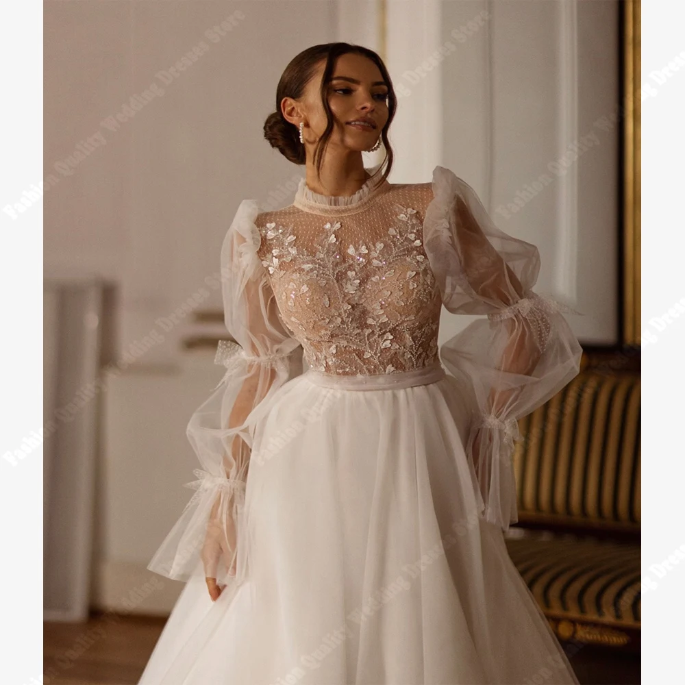 Vintage Illusion High Neck Wedding Dresses For Women A-Line Lvory Long Sleeves Bride Ball Bridal Gowns Mopping Length Vestidos