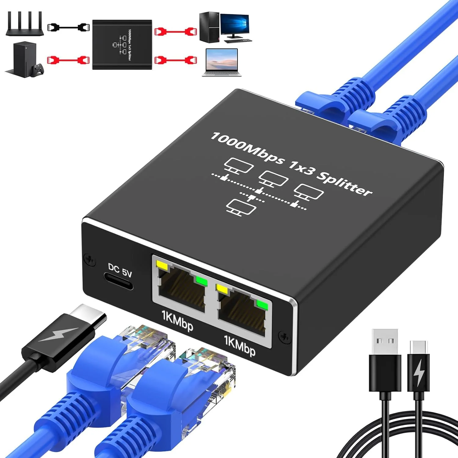 Divisor Ethernet 1 a 2/3/4, 1000Mbps RJ45 LAN Internet Splitter para Computador/Hub/Switch/Router/Set-Top Box/TV Digital