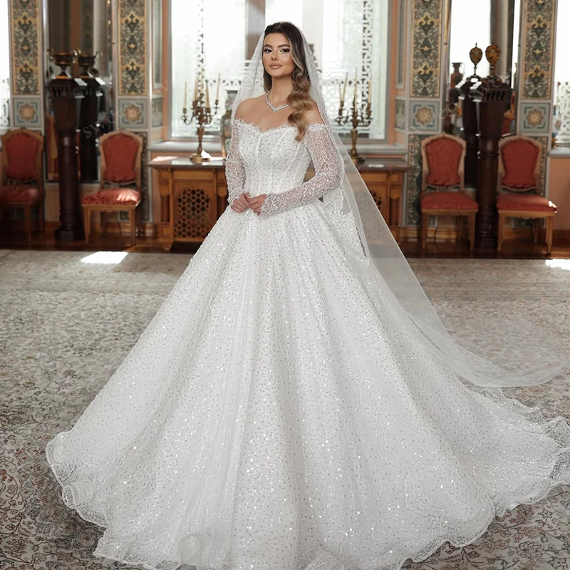 

Luxurious Wedding Dress Fully Beaded Ball Gown Boat Neck Full Sleeve Customized Bride Dress Back Button Vestido De Novia Sequins
