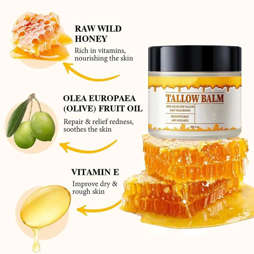 

60g NEW Beef Tallow Face Moisturizer Whipped Beef Tallow And Honey Balm Face Cream Body Lotion Grass Fed Grass Finished Cream