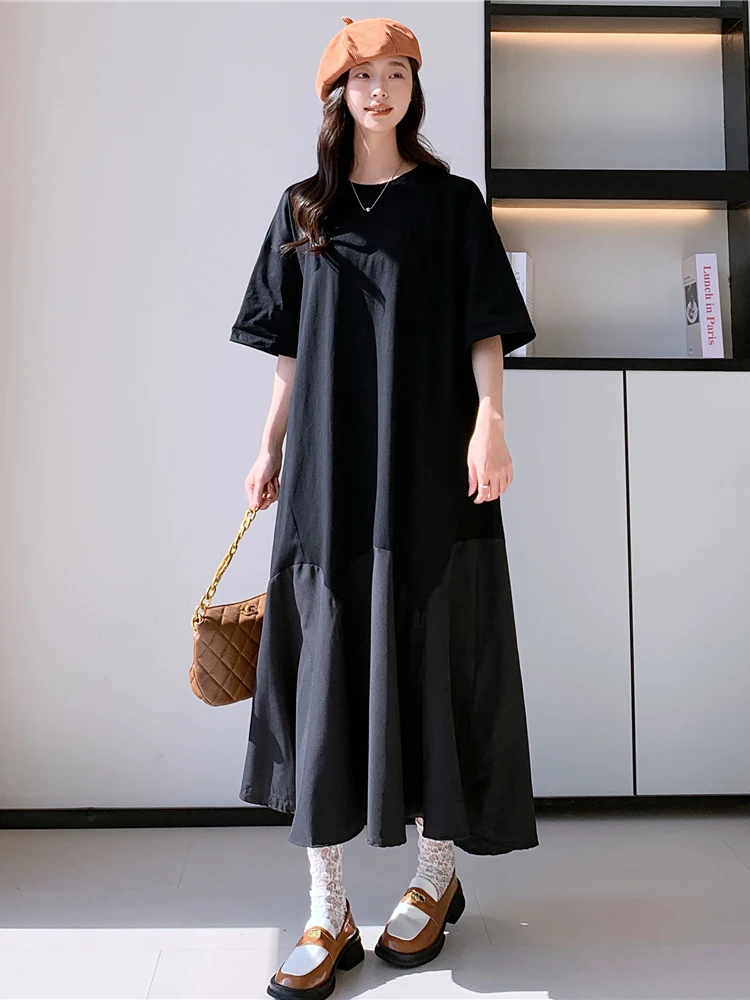 NYFS 2025 فستان صيفي فضفاض حجم كبير غير منتظم هيم فساتين طويلة رداء Elbise كم قصير النمط الكوري فستان امرأة الصلبة #2