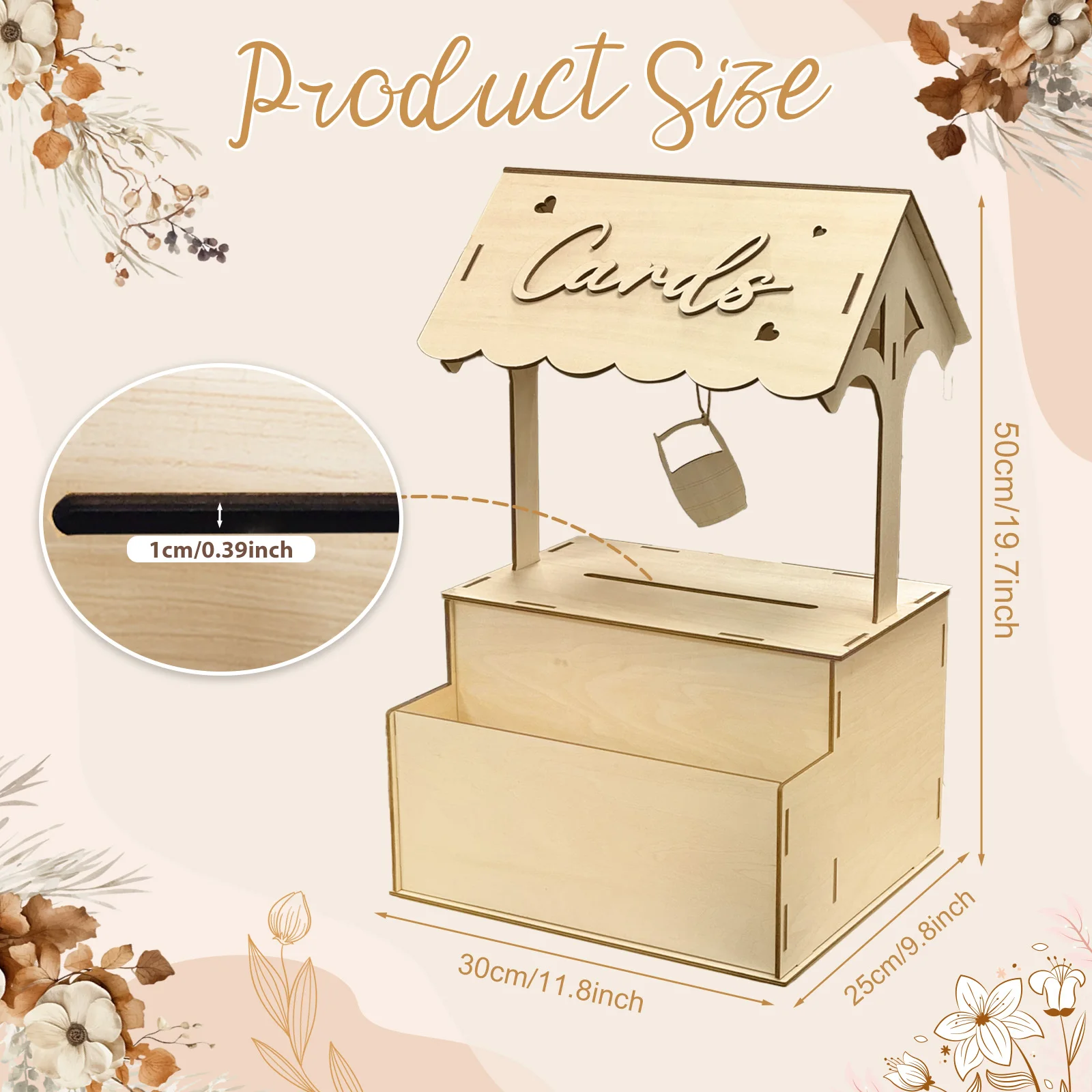 OurWarm Flower Groove Wishing Well Card Box, Natural Wood Color, Suitable for Wedding, Birthday Party, and Reception Decorations view 3