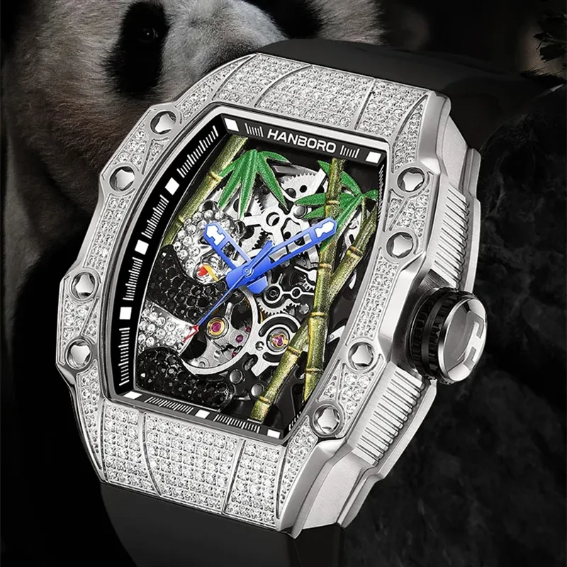 

HANBORO Mens Mechanical Watch Brand Fashion 5D Panda Automatic Wrist Watches 50M Waterproof Luminous Clock for Men Reloj Hombre