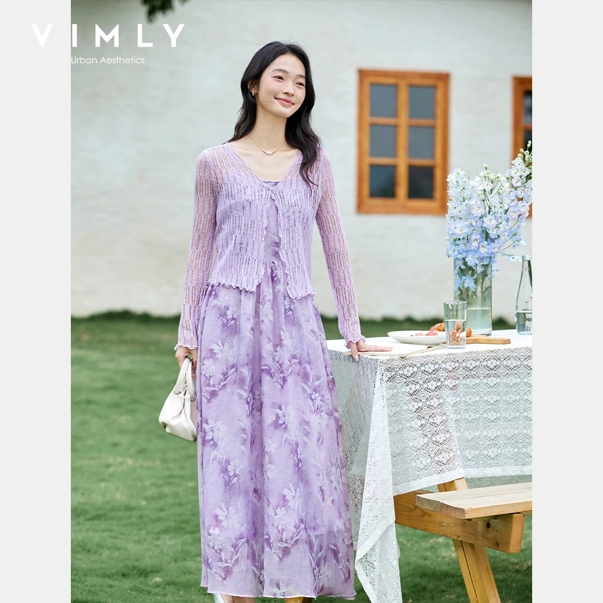

VIMLY 2 Piece Dress Sets Woman Vacation Outfits 2025 Summer Elegant Floral Suspender Dresses Knitted Top Two-piece Set A1826