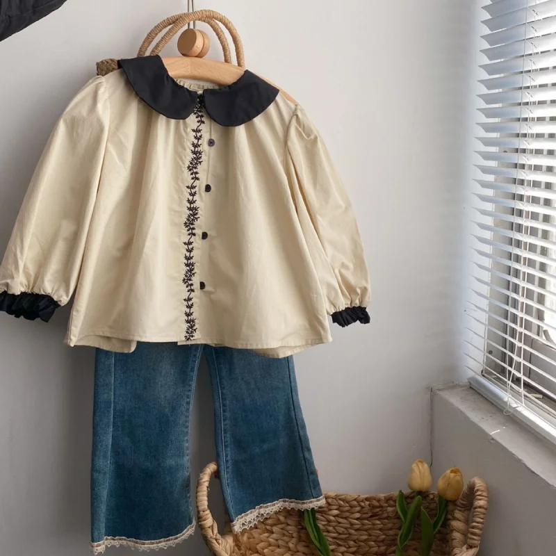 

(Spot Goods)Girls' Doll Collar Shirt Autumn New Fashionable Mori Style Set Children's Fashion Embroidered Shirt