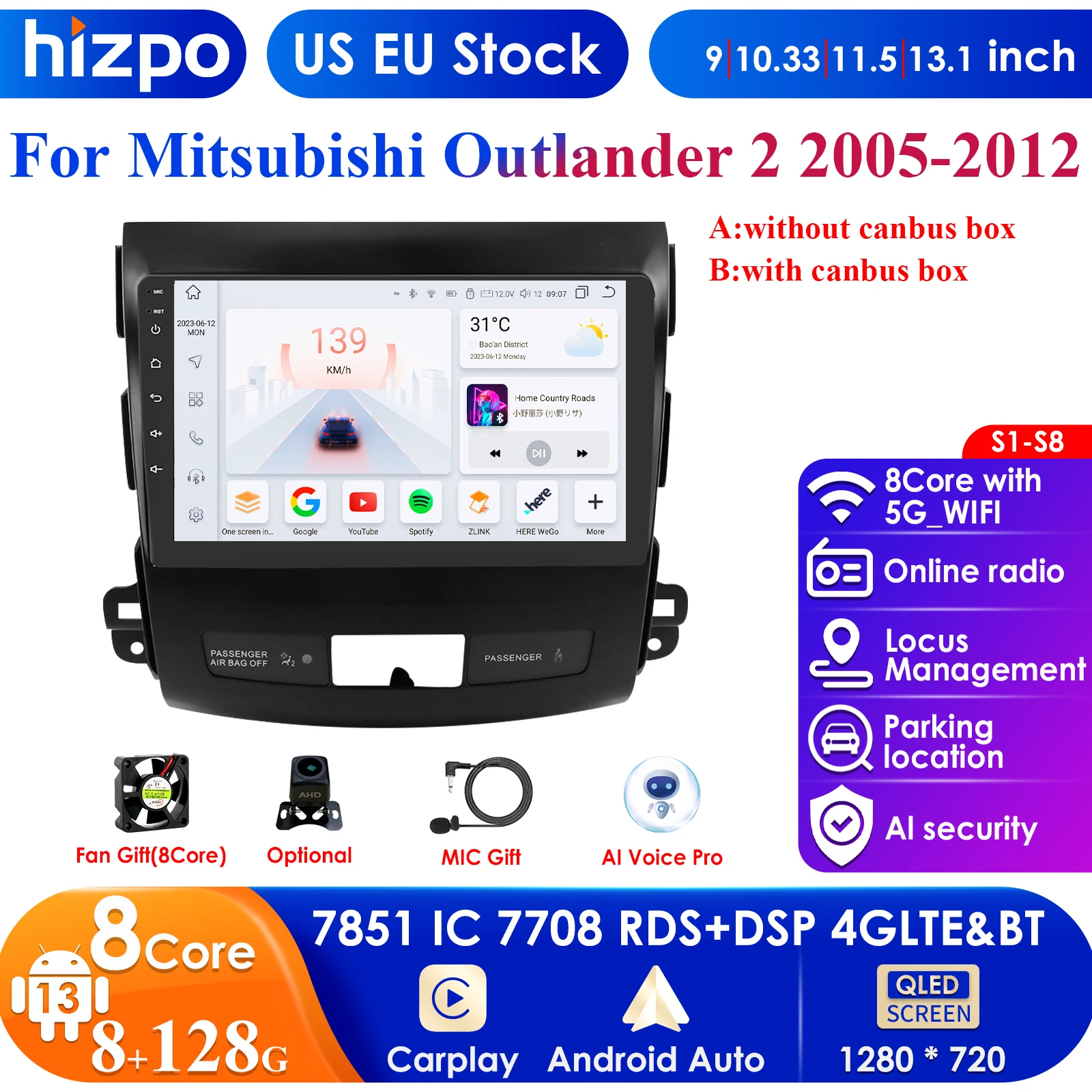 

Hizpo AI CarPlay Android 13 Auto Radio for Mitsubishi Outlander xl 2 2005-2011 for Citroen C-Crosser 4G Car Multimedia Autoradio