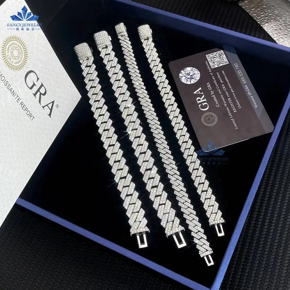 Fashion Custom Luxury 8MM 10MM 12MM 7 Inches Full Iced Out Hiphop Moissanite Diamond 925 Silver Cuban Link Chain Bracelet for Me