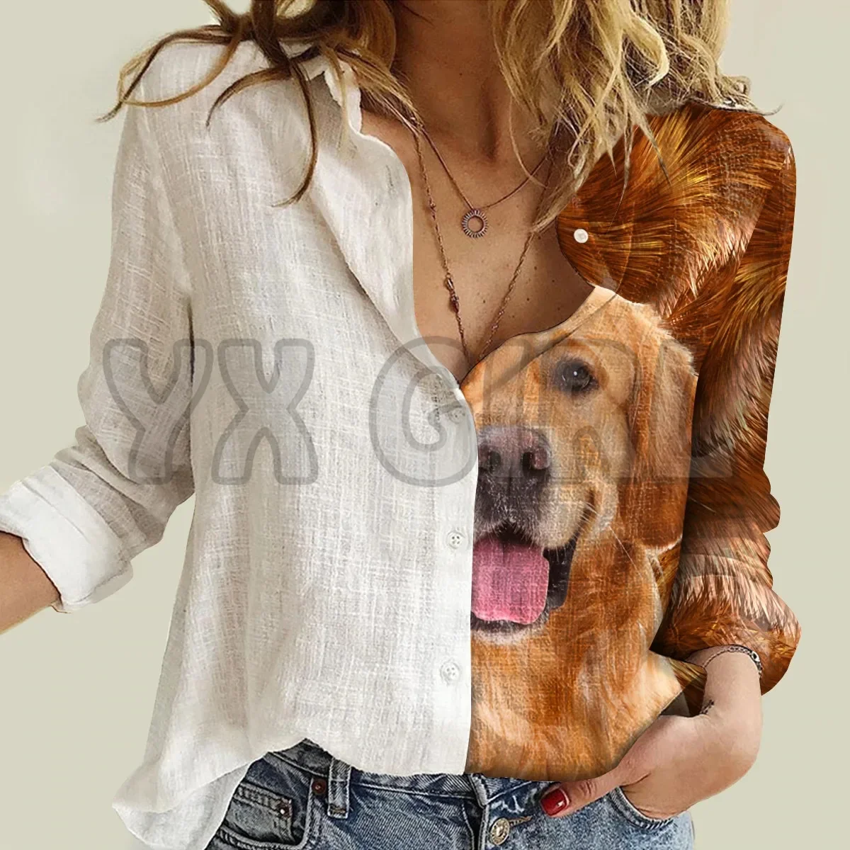 

Женская рубашка YX GIRL Half Angel Half Golden Retriever с длинными рукавами, рубашка на пуговицах с 3D-принтом, повседневная уникальная уличная одежда