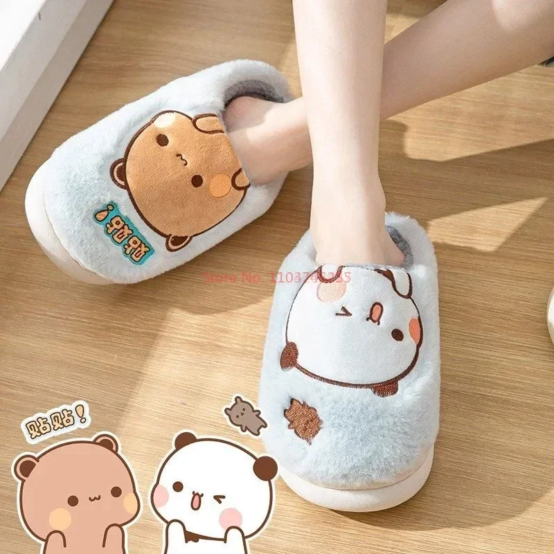 Anime bubu dudu urso chinelo de pelúcia dos desenhos animados casal chinelos inverno lazer casa ao ar livre anti deslizamento fundo grosso sapatos algodão quente