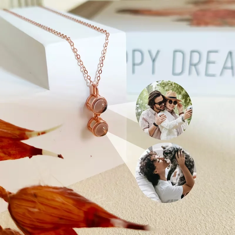 Triple Custom Picture Necklace Personalized Circle Photo Projection Pendant Necklace for Women Customized Memorial Jewelry Gift