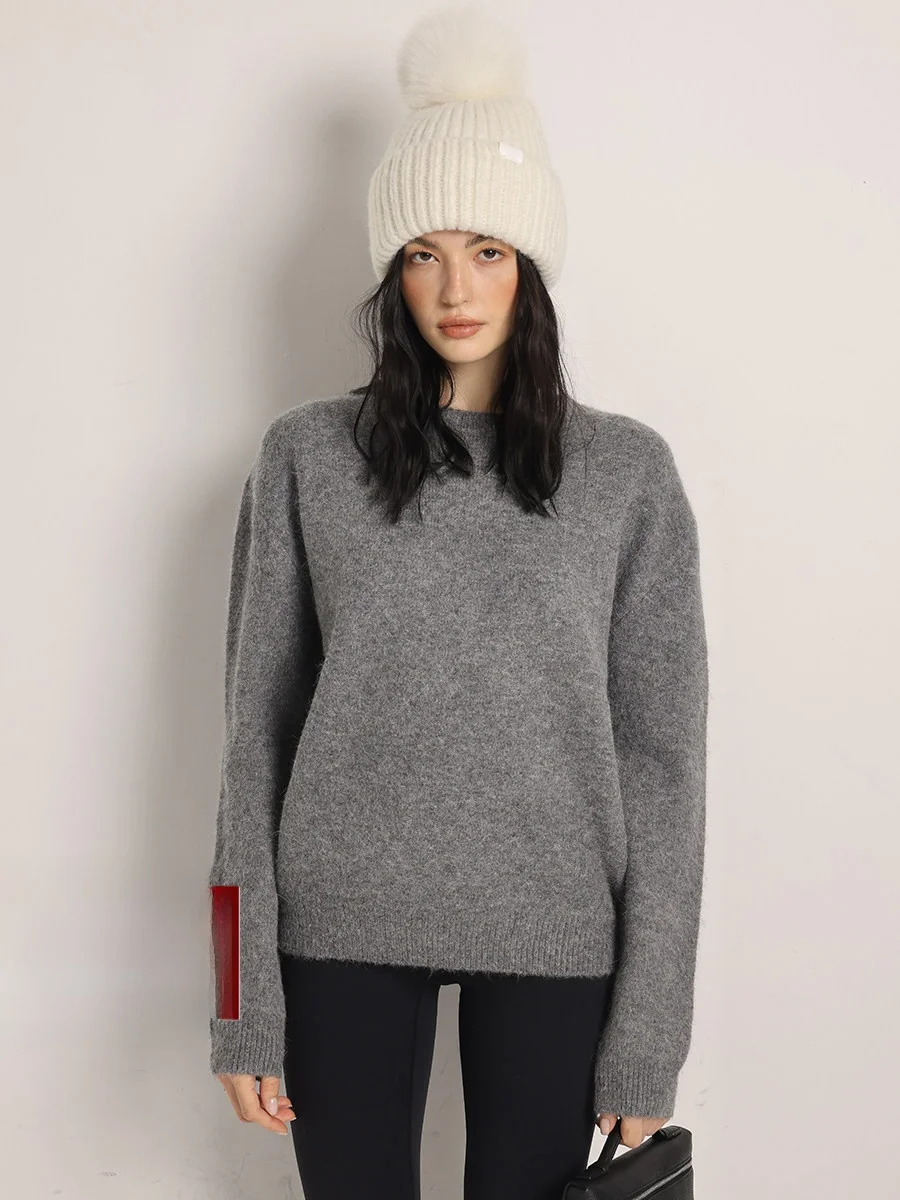 

Женский свободный вязаный свитер Deessesicile с круглым вырезом, повседневный стиль, удобный, из мягкой ткани, с длинными рукавами, теплый, утолщенный, осенний