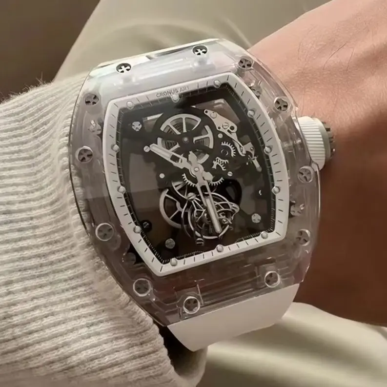 CRONUSART Men Tourbillon Watch Tonneau Manual Winding Mechanical Wristwatch Sapphire Case & Mirror Luminous Skeleton FKM Strap