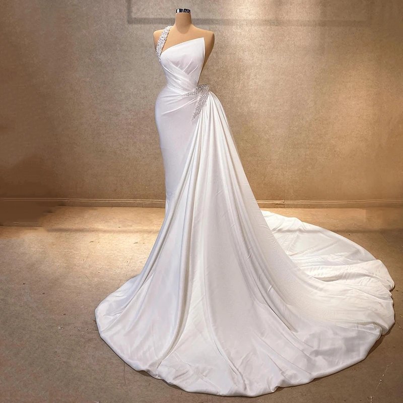 Eightree White Mermaid Wedding Dresses Women One Shoulder Satin Beadings Bridal Dress Boho Beach Wedding Prom Gowns Custom Size