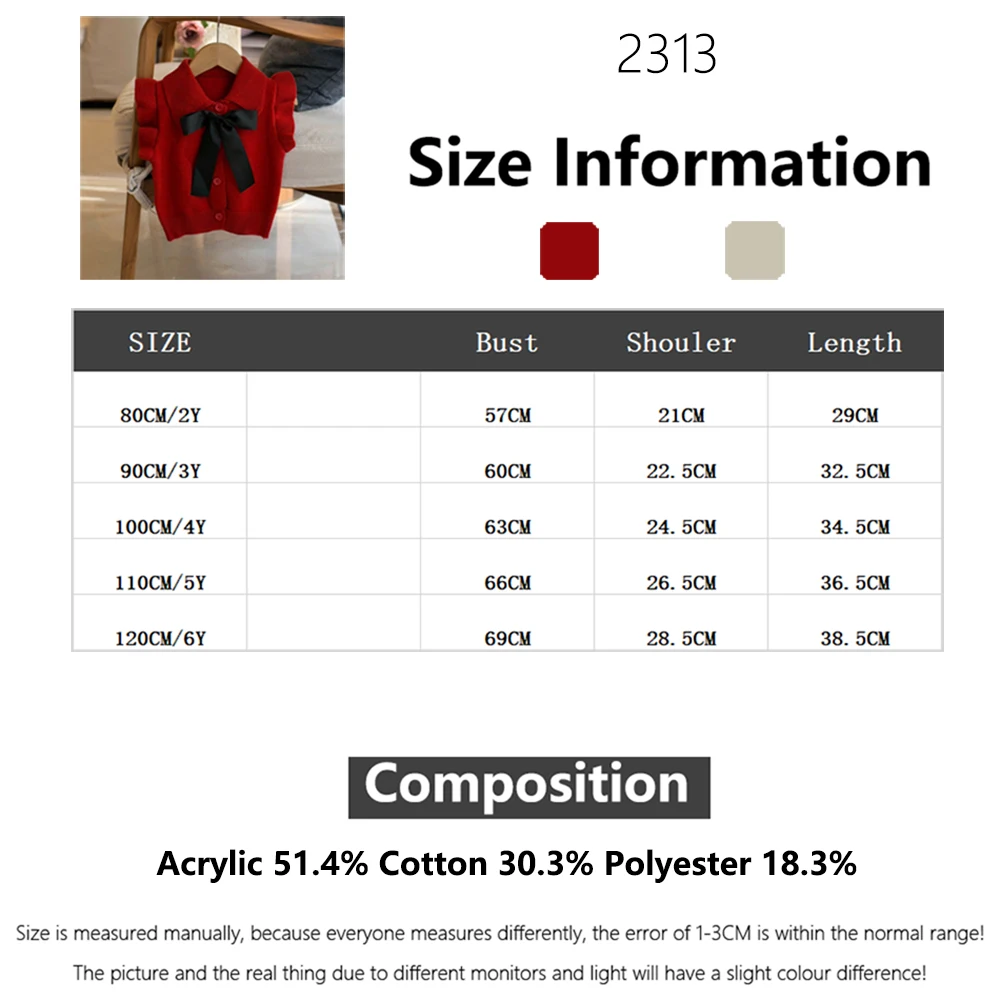 Korean 2024 New Turn Down Autumn Fashion Bow Kids Knitted Vest Sleeveless Top Children Clothing Casual Sweater Girls Waistcoat