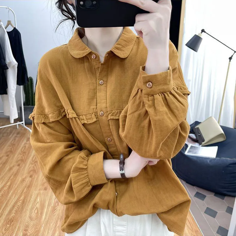 Xpabb Autumn New Vintage Long Sleeve Blouse Female Fashion Ruffles Patchwork Shirts Woman Casual Loose Wild Button Up Shirt Tops