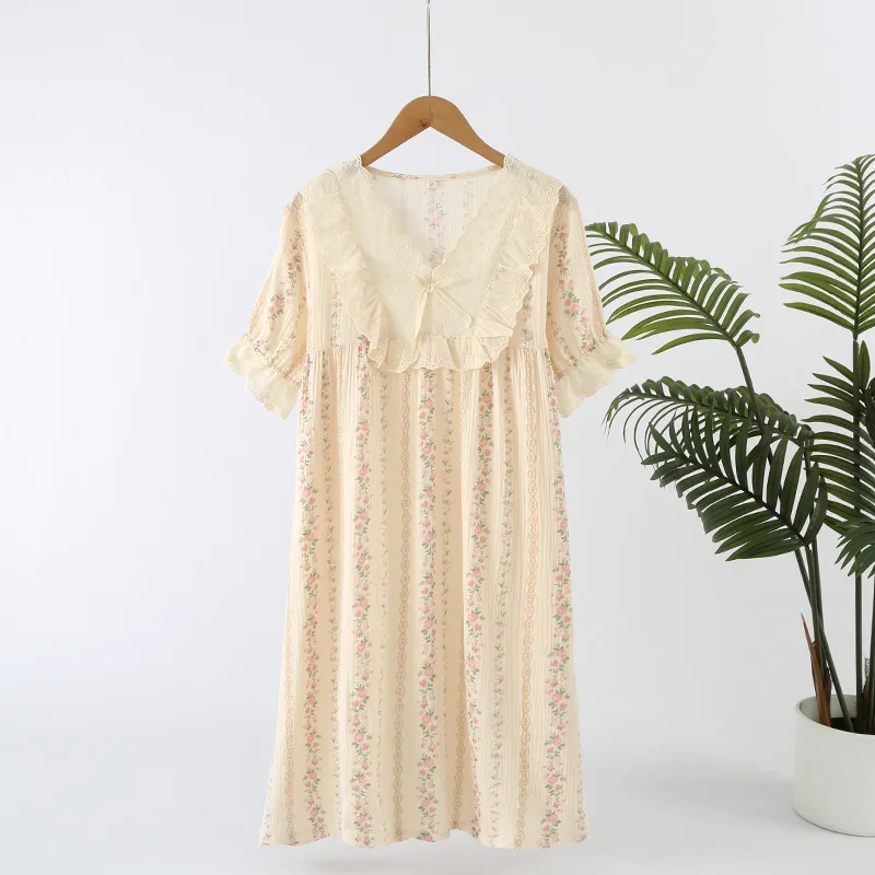 

Pure Cotton Gauze Lace Garden Collar Cute Age-reducing Ladies Summer Loose Nightgown Home Wear Long Skirt Can Be Worn Outside