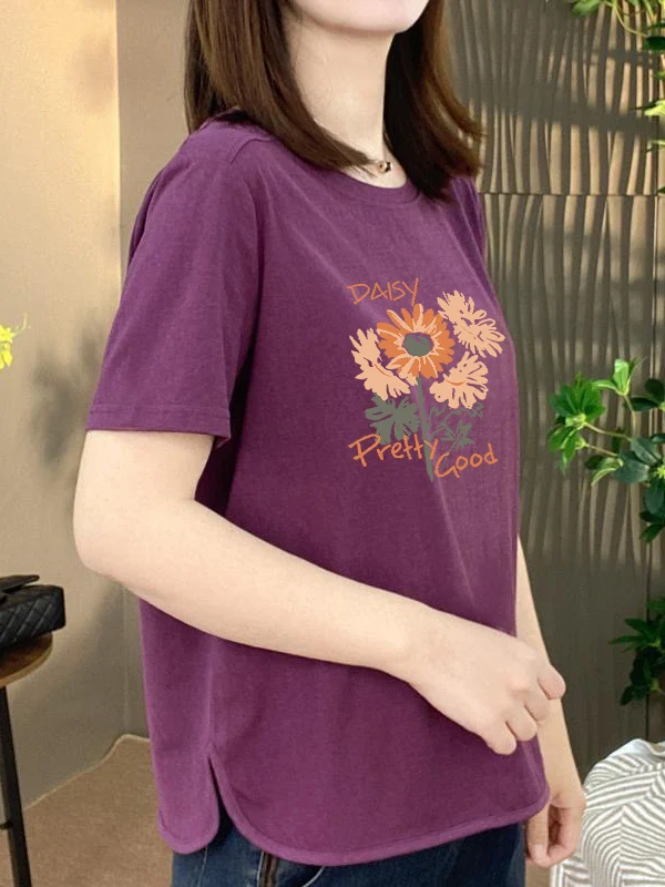 

Summer Short Sleeve Printed T-Shirt Women's Loose Fashionable Top Mommy Wear Polyester Fiber round Neck Casual Style