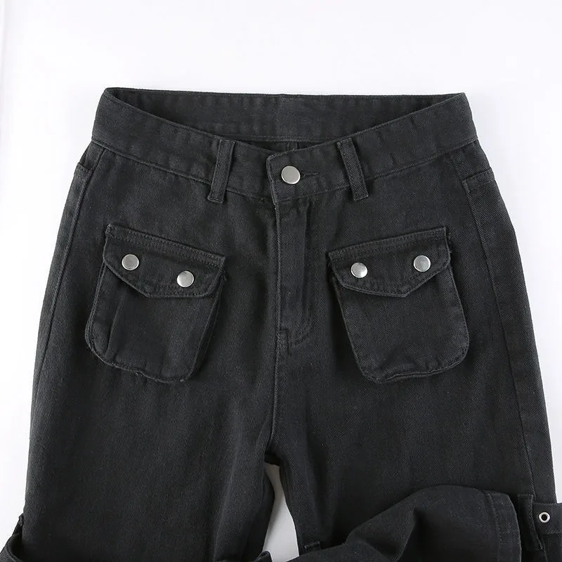 Y2K Metal Button High Waisted Straight Leg Jeans Drop Crotch Print Streetwear Pants Hip Hop Cargo Denim Trousers for Women