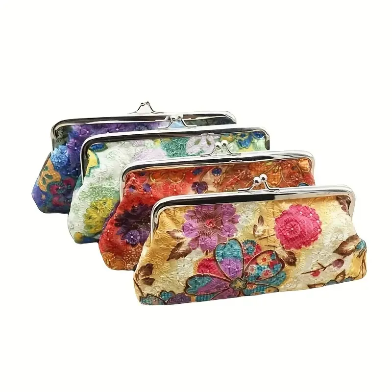 

Hand-Embroidered Floral Fabric Long Wallet, Durable Metal Clasp Closure, Elegant Women's Accessory,Floral Wallet,Metal Clasp Bag